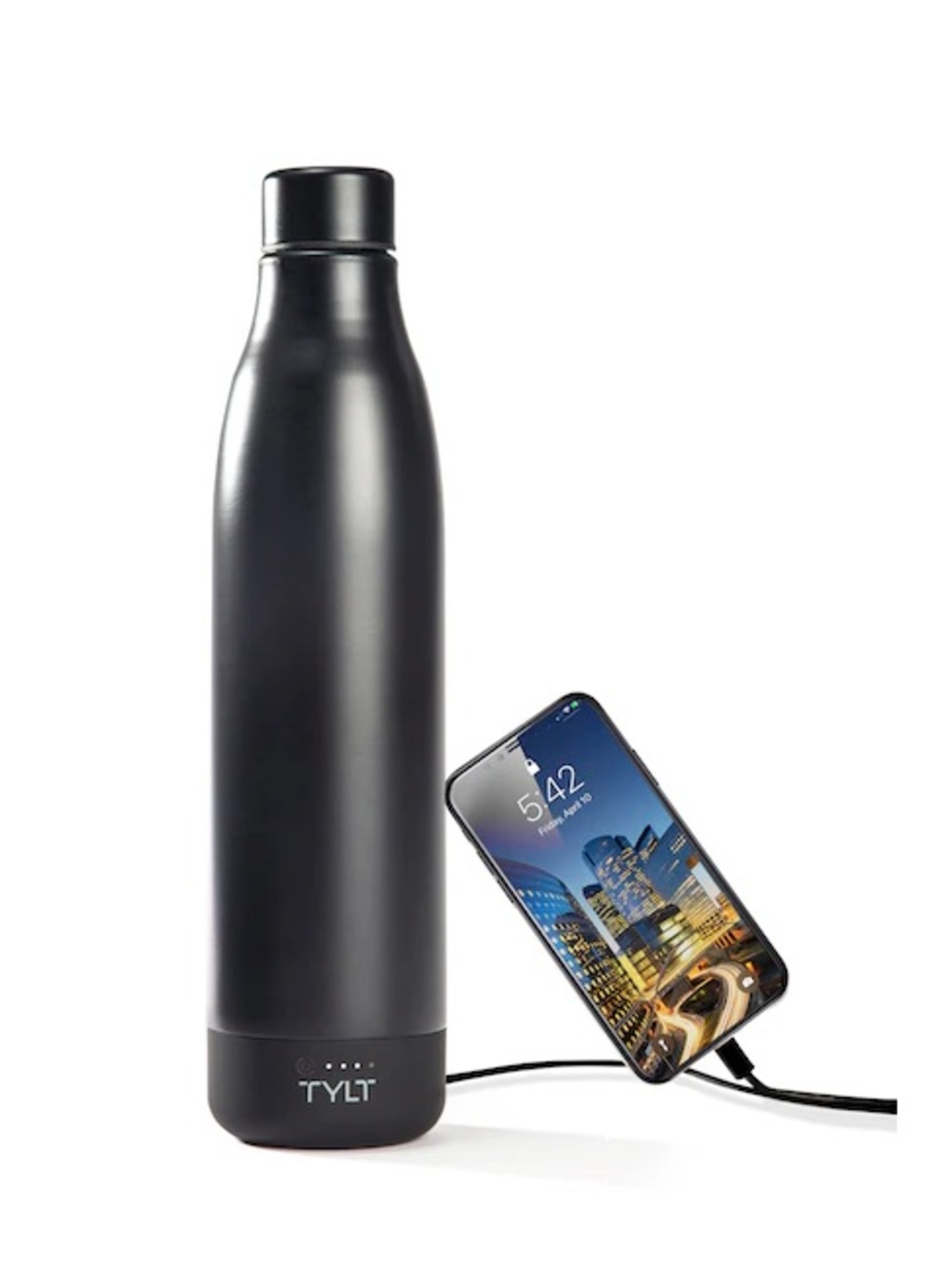 TYLT 17oz Insulated Water Bottle + 5700mAh Portable Power Bank Black NIB